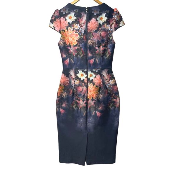 Betsey Johnson Navy Floral Stretch Sheath Midi Dress Cap Sleeve Back Zip Size 0 - Picture 2 of 5